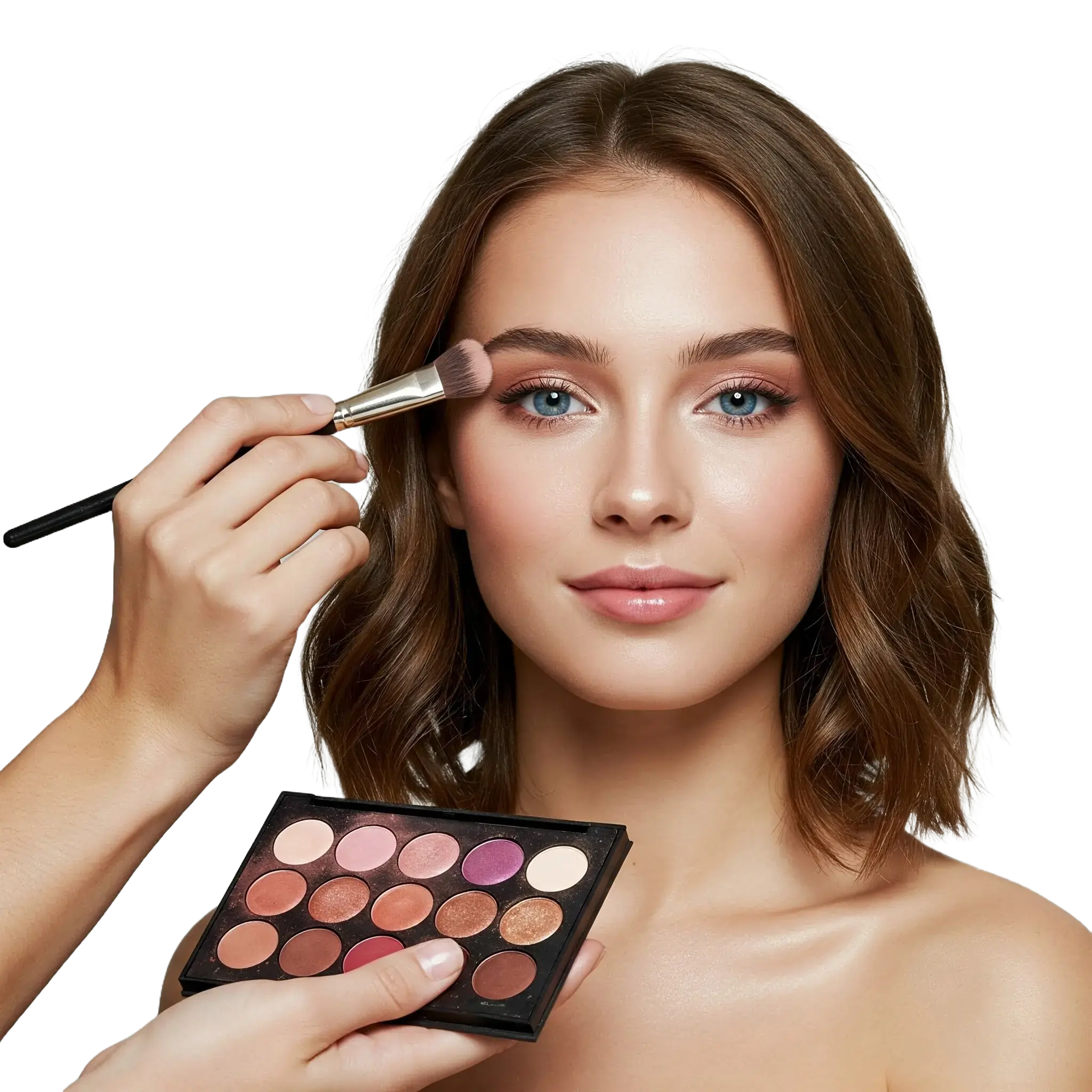 Farmasi Model Photo Woman with blue eye, another person holding a brush for her