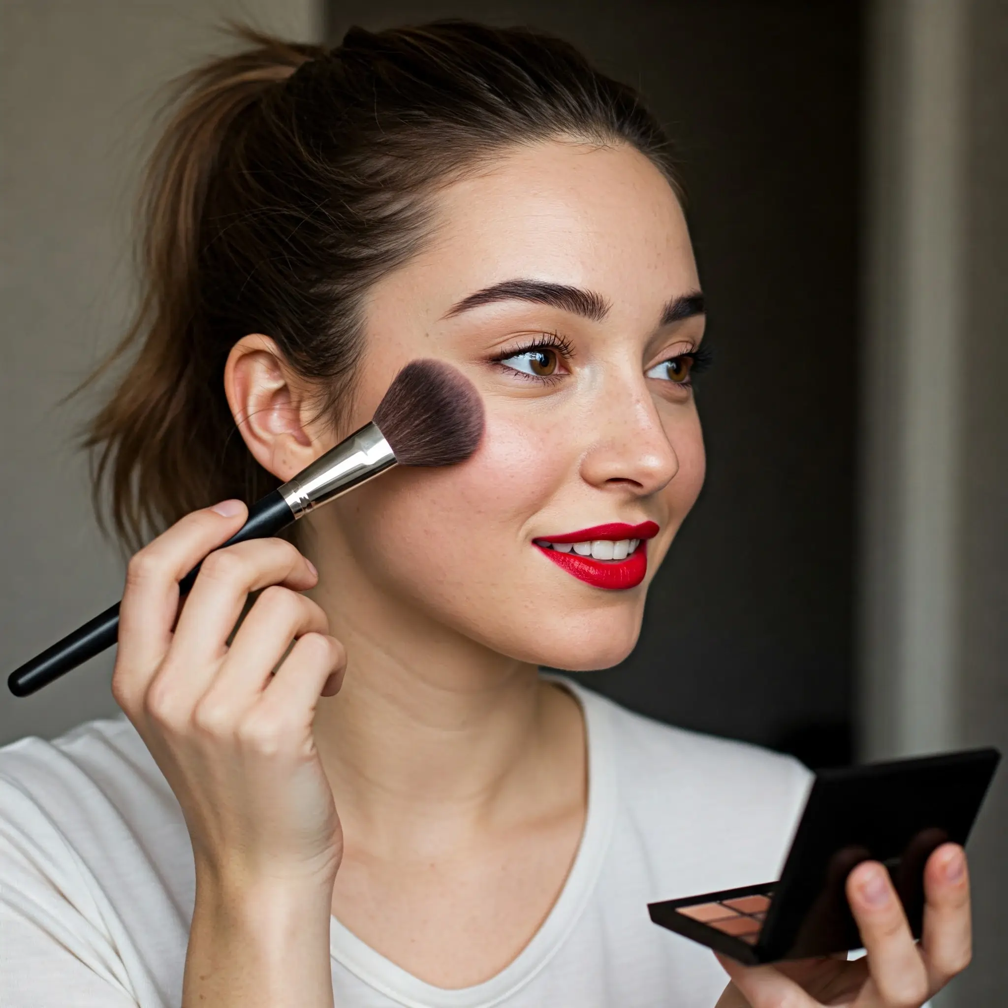Farmasi Model Photo Woman holding a brush to her own neck for makeup