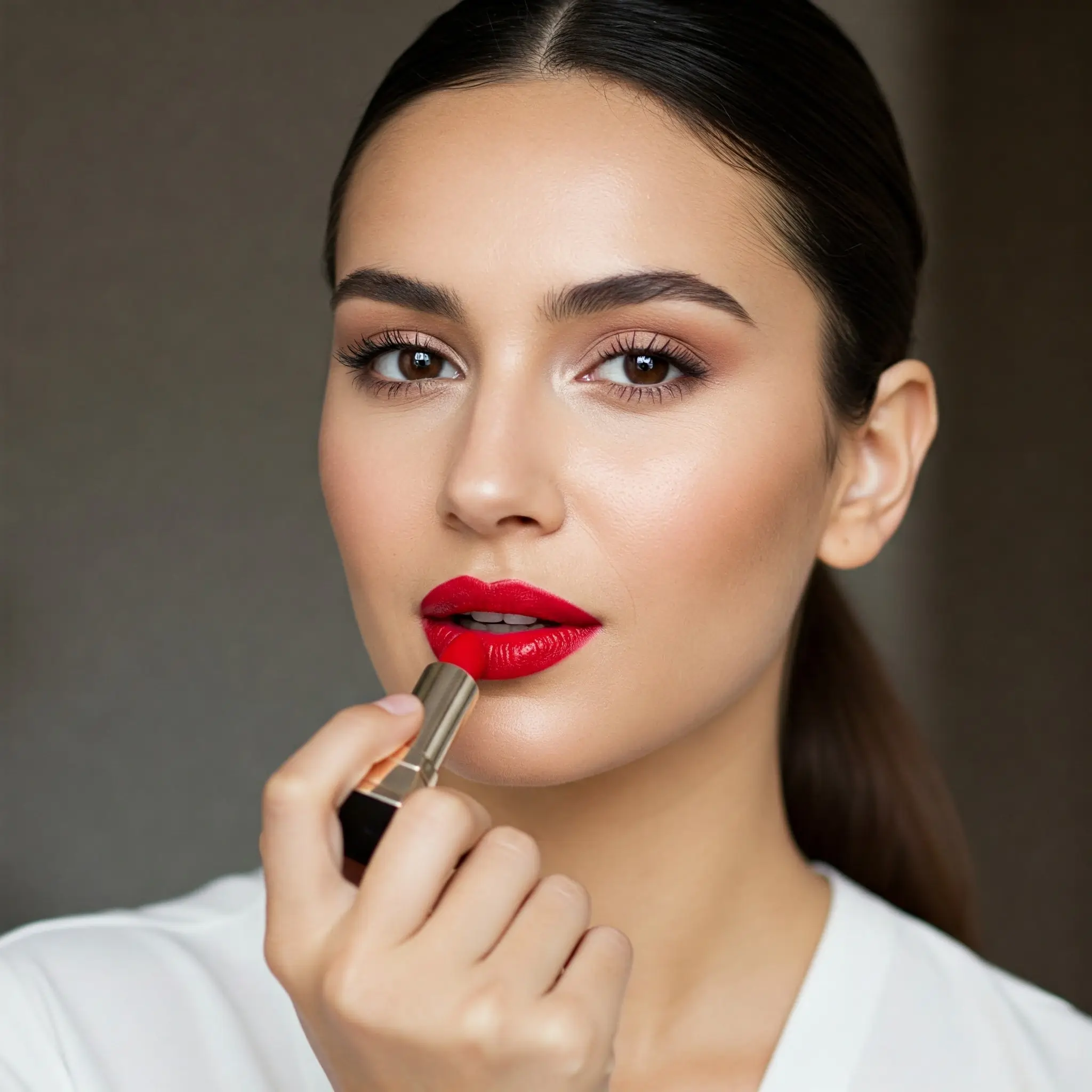Farmasi Model Photo Woman holding a lipstick to her own eye for makeup
